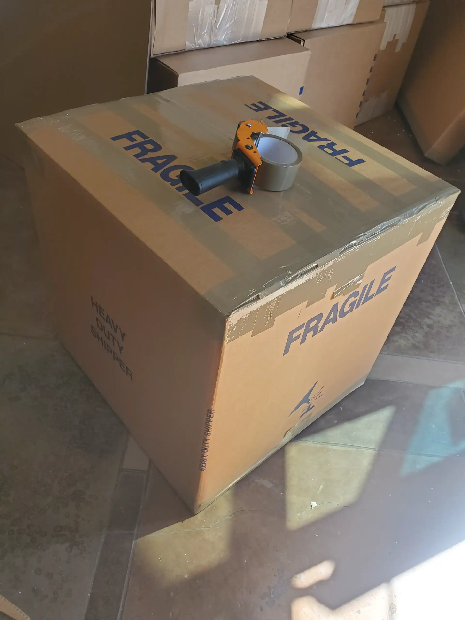 Heavy-duty fragile shipping box sealed and ready to go